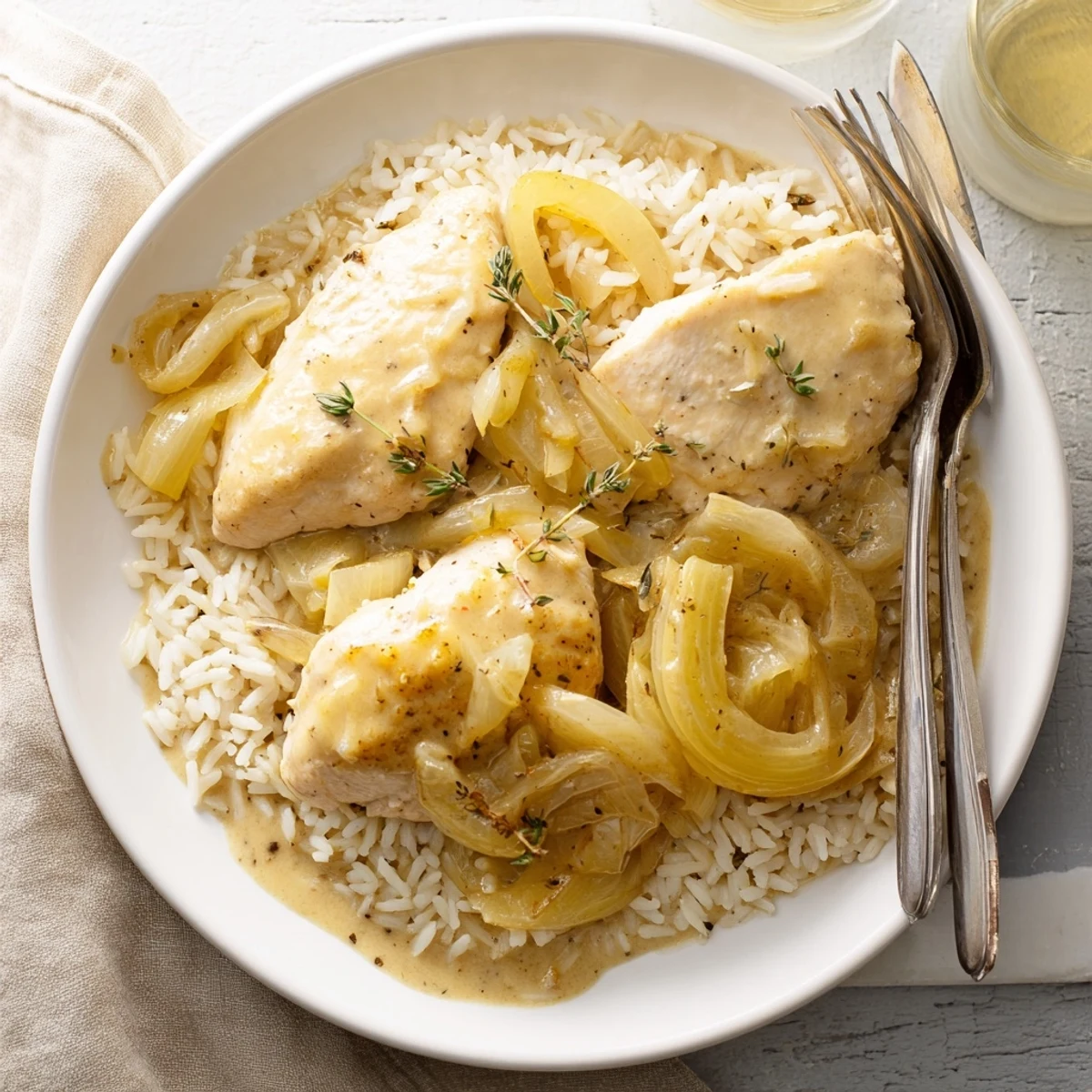 Creamy French onion chicken rice plated with golden melted Gruyère and tender caramelized onions