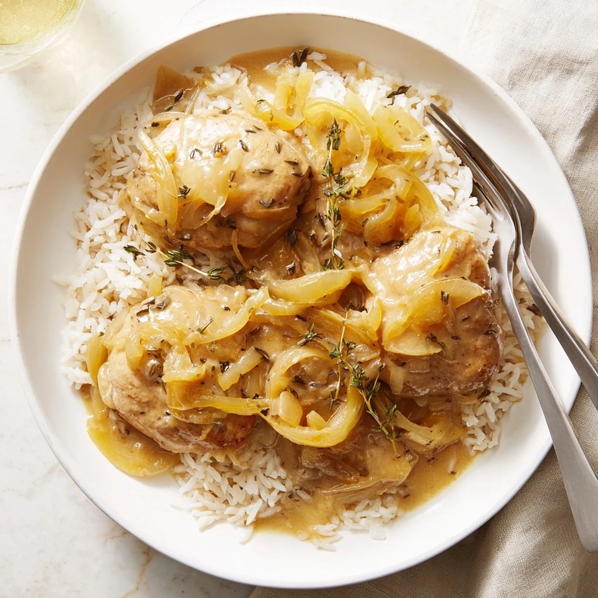 Close-up of creamy French onion chicken rice with shredded cheese and fresh thyme garnish