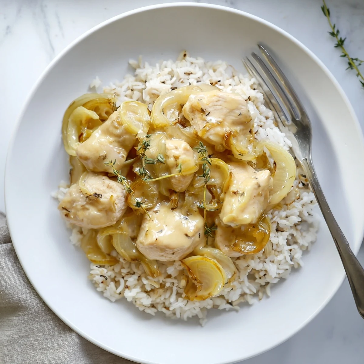Skillet of creamy French onion chicken rice featuring seared chicken breasts in rich white sauce