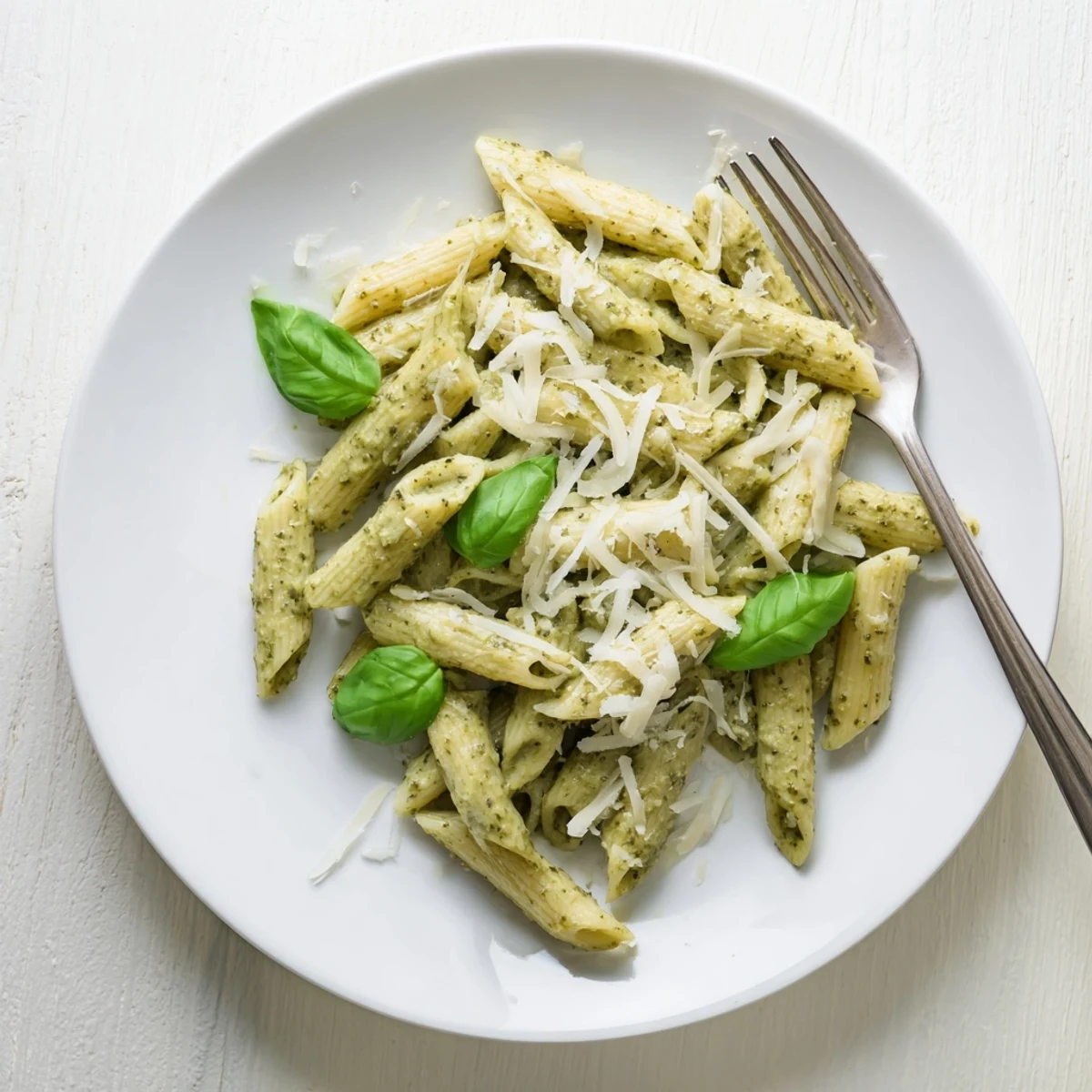 Creamy pesto pasta coated in rich basil parmesan sauce garnished with fresh green basil leaves