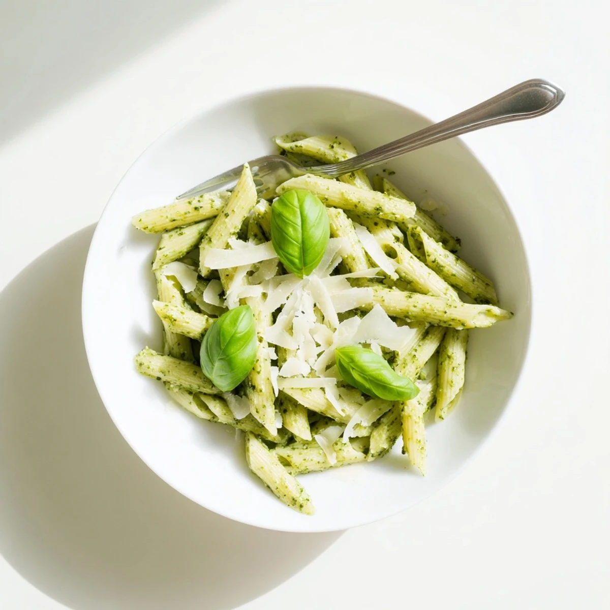 Bowl of creamy pesto pasta tossed with vibrant green sauce and sprinkled grated parmesan cheese