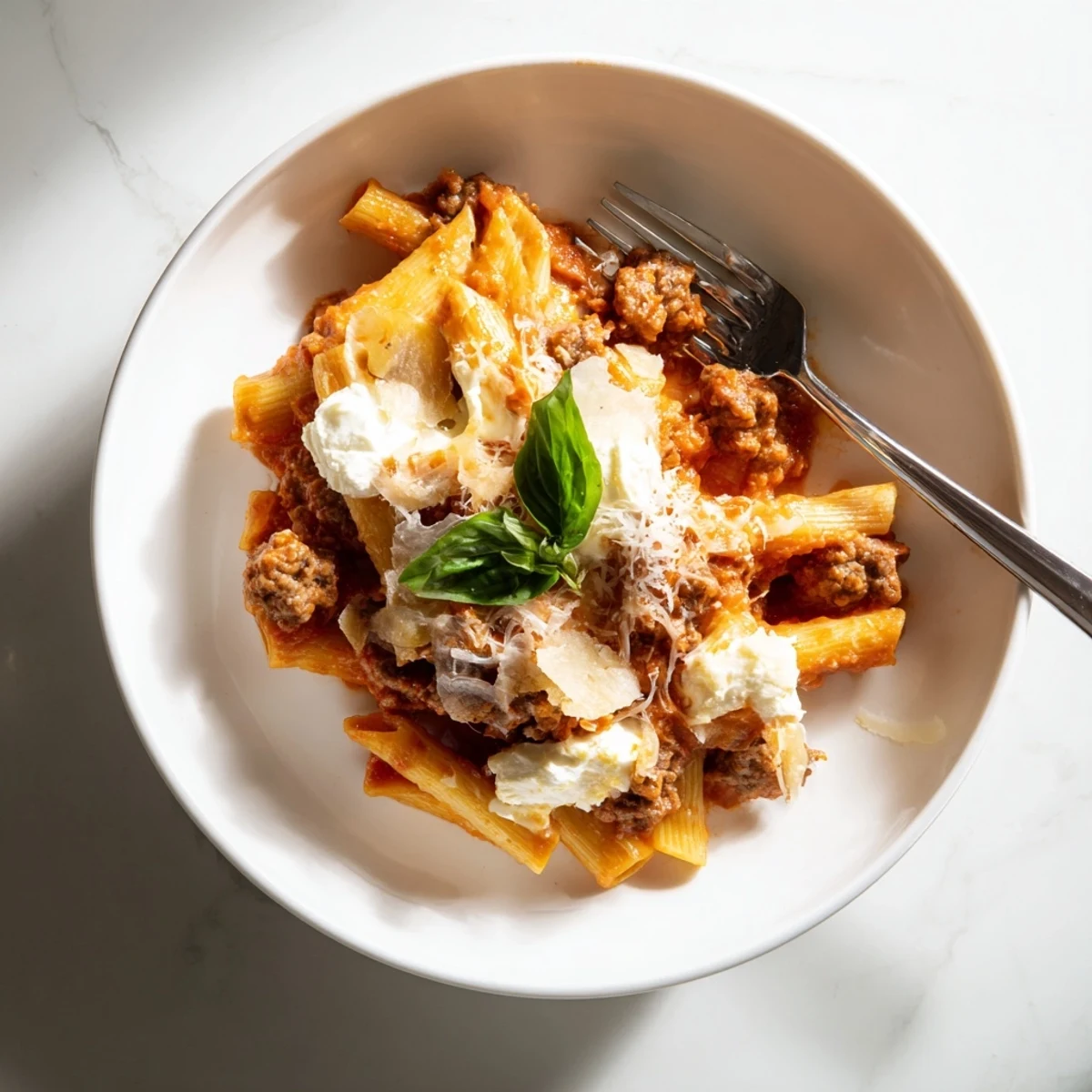 Family-style slow cooker baked ziti casserole with melted cheeses and savory meat sauce
