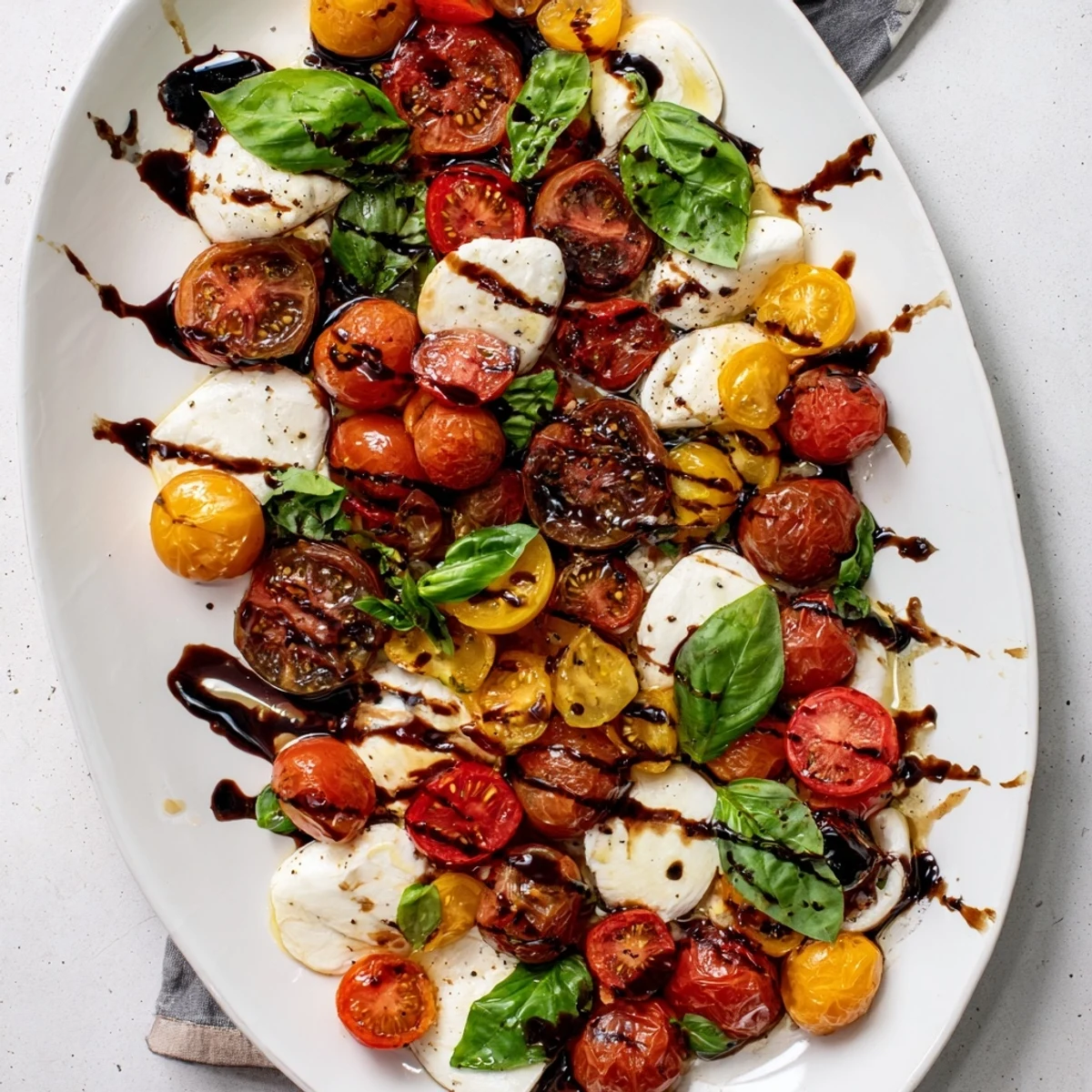 Golden roasted cherry tomatoes layered with fresh mozzarella and basil drizzled with balsamic glaze for this roasted tomato Caprese salad