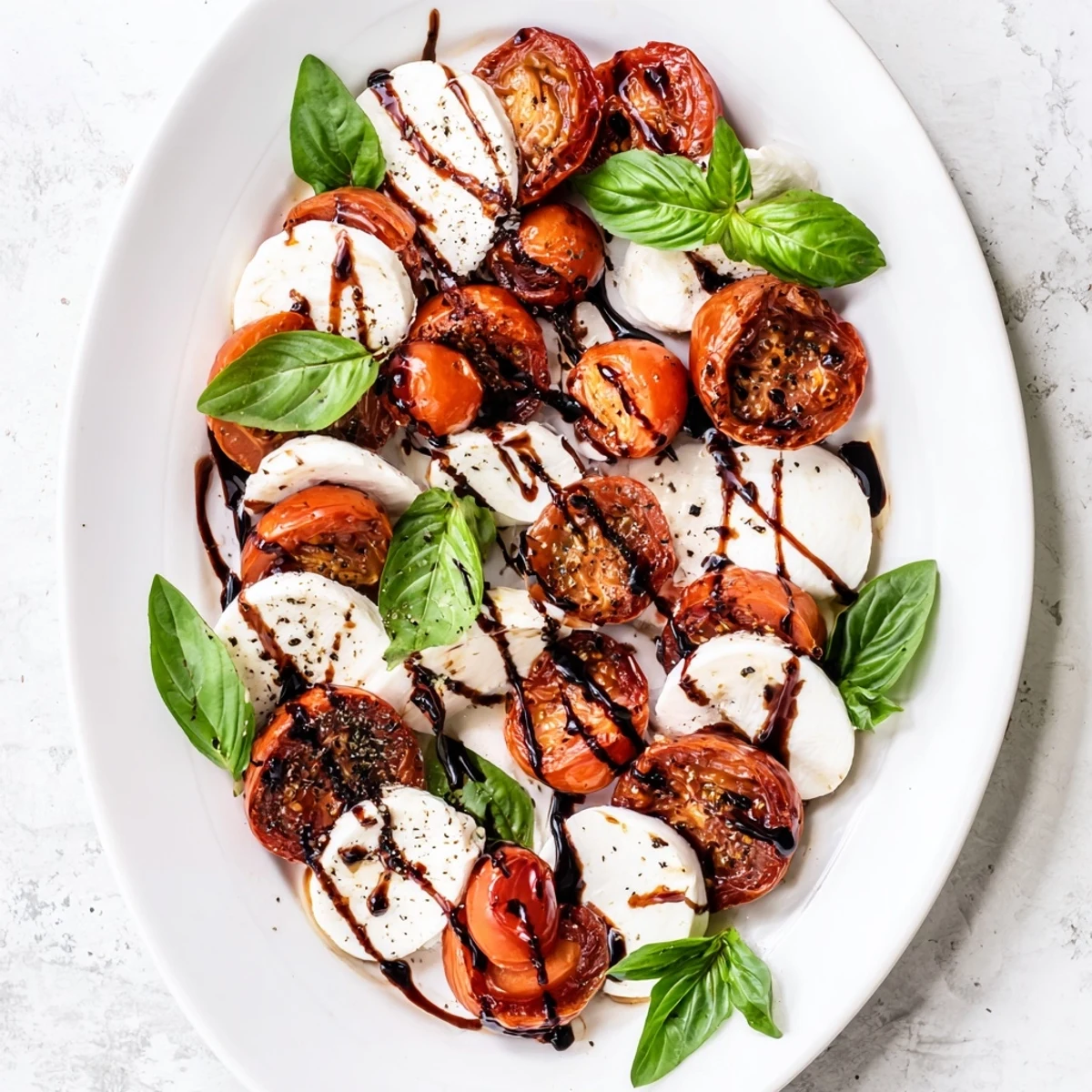 Colorful platter of roasted tomato Caprese salad featuring caramelized tomatoes creamy mozzarella and fragrant basil leaves on white serving dish
