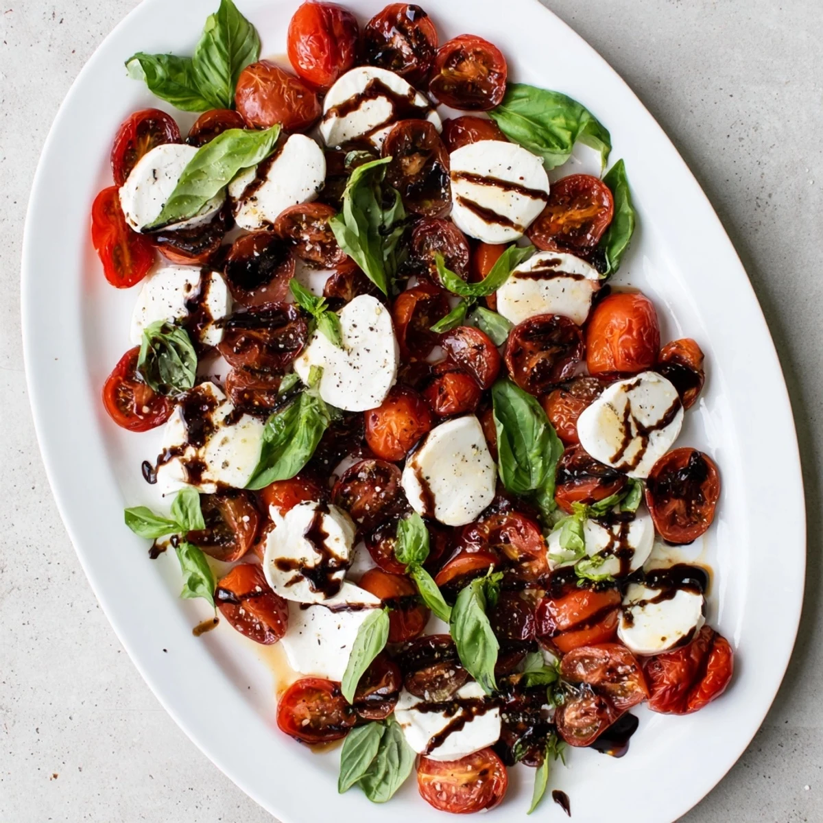 Roasted tomato Caprese salad arranged with blistered cherry tomatoes fresh basil and mozzarella slices topped with rich balsamic glaze