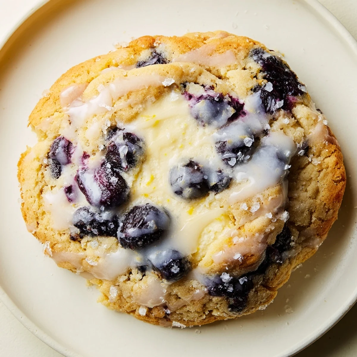 Golden lemon blueberry cheesecake cookies drizzled with sweet white glaze on a white plate