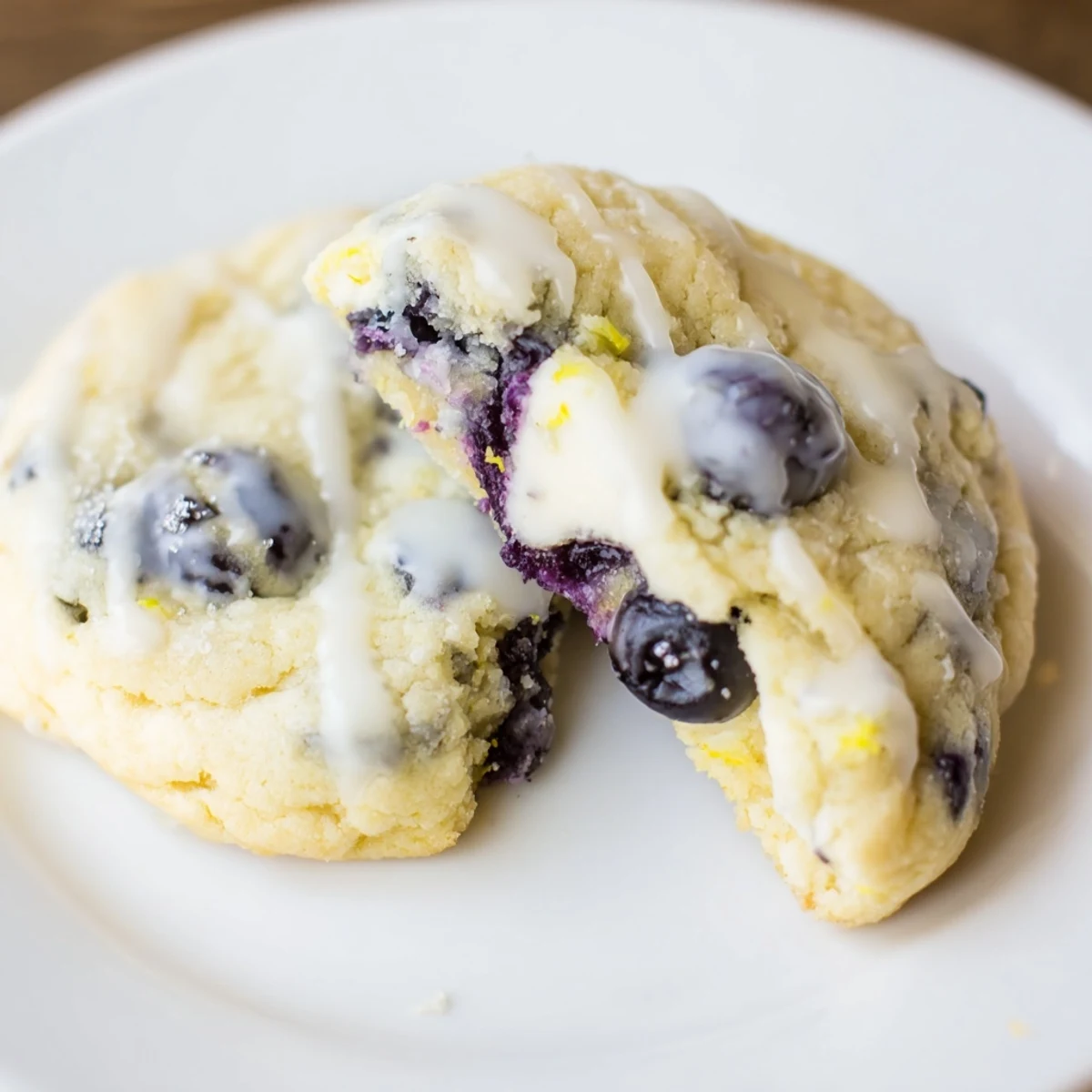 Stack of lemon blueberry cheesecake cookies topped with lemon zest and fresh blueberries