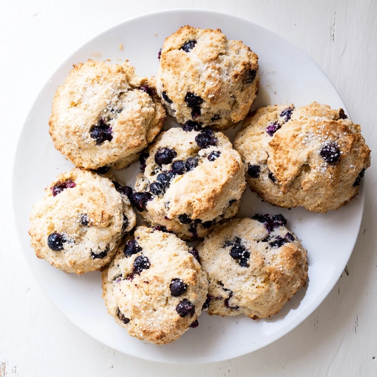 Freshly baked golden blueberry biscuits with juicy berries and coarse sugar topping on white plate