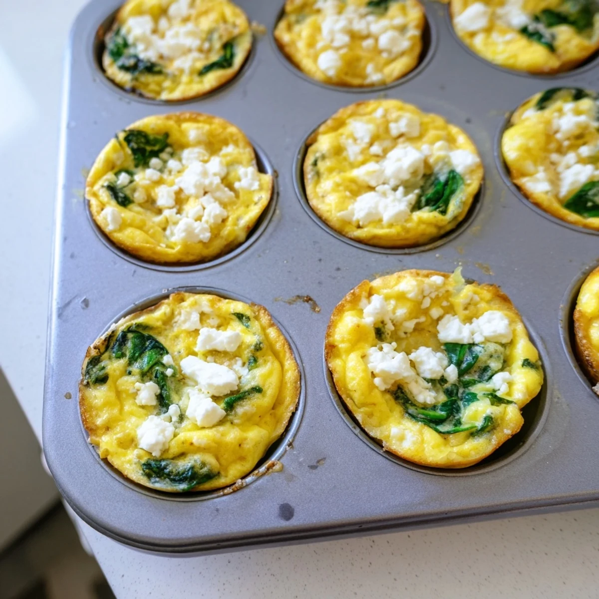 Golden egg muffins with spinach and feta, fresh from the oven in a muffin tin