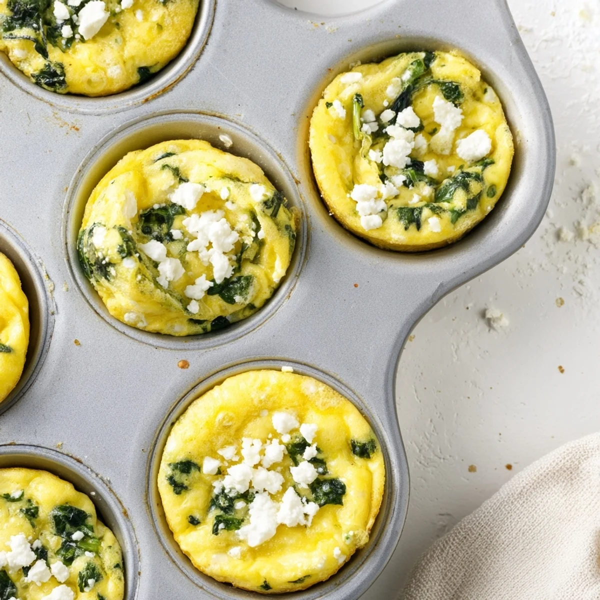 Savory breakfast egg muffins featuring wilted spinach and crumbled feta cheese, ready to serve