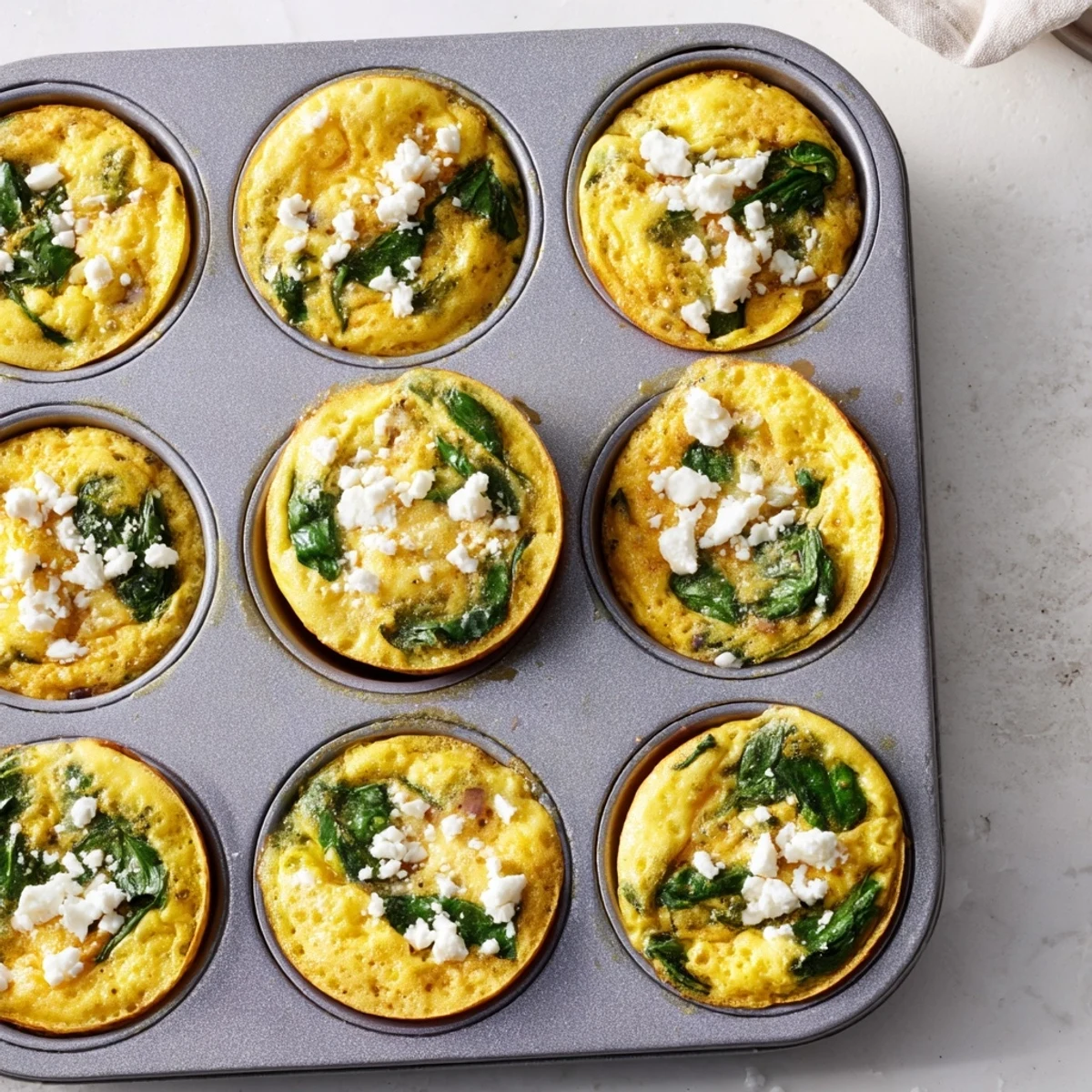 Healthy spinach and feta egg muffins arranged on a wooden board for meal prep