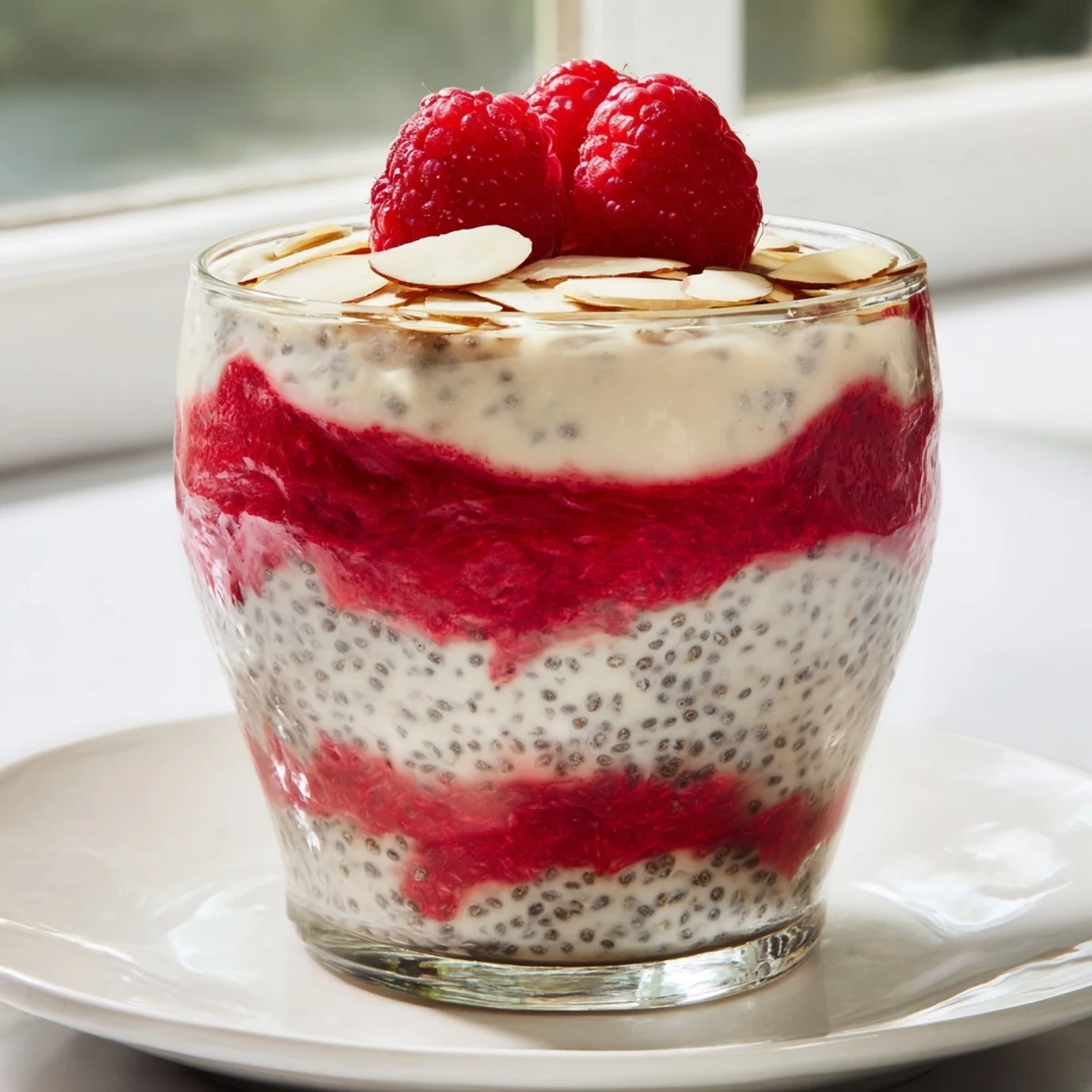 Creamy raspberry chia pudding layered with sweet maple syrup and topped with fresh berries