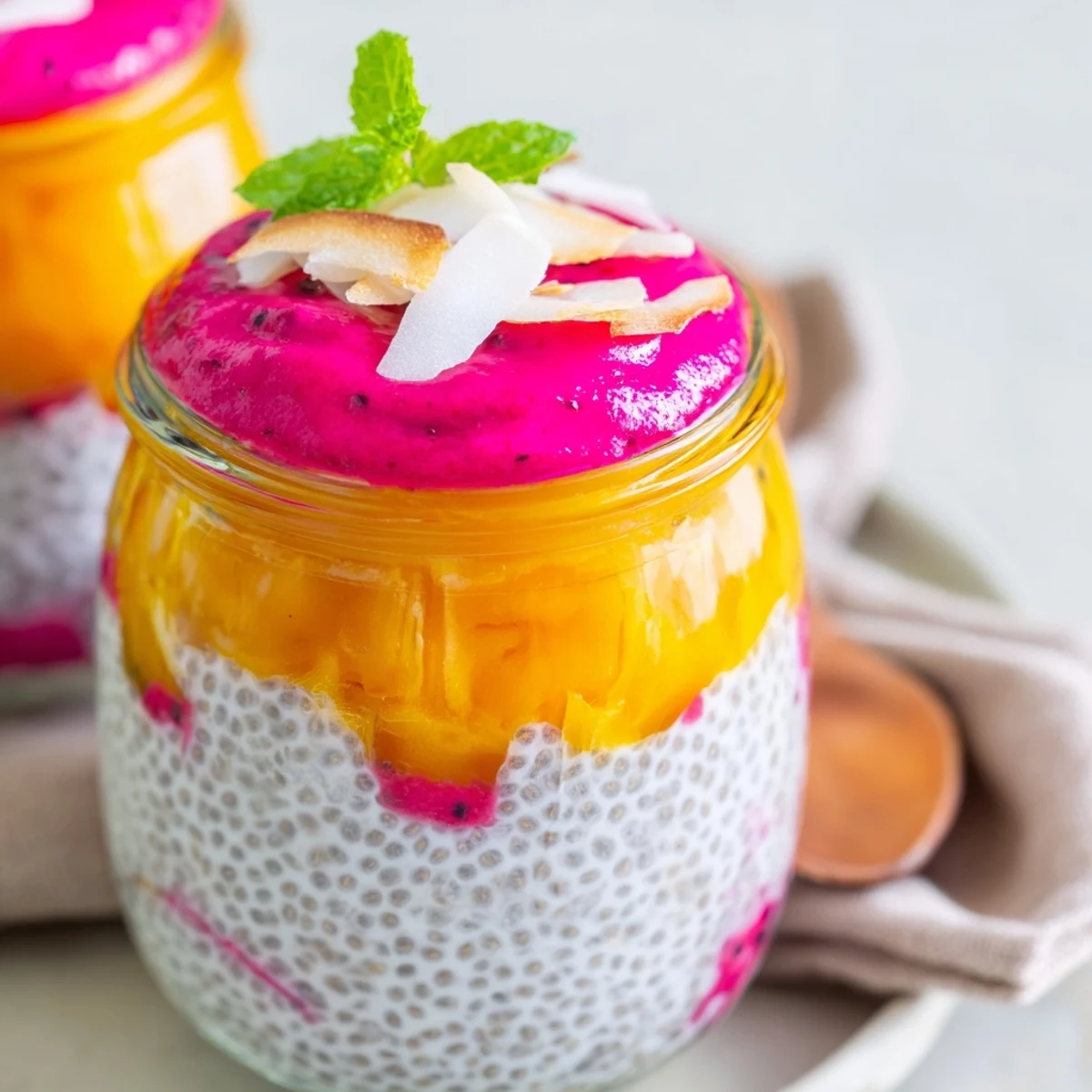 Creamy coconut chia pudding bowl with vibrant mango and pink dragon fruit swirls
