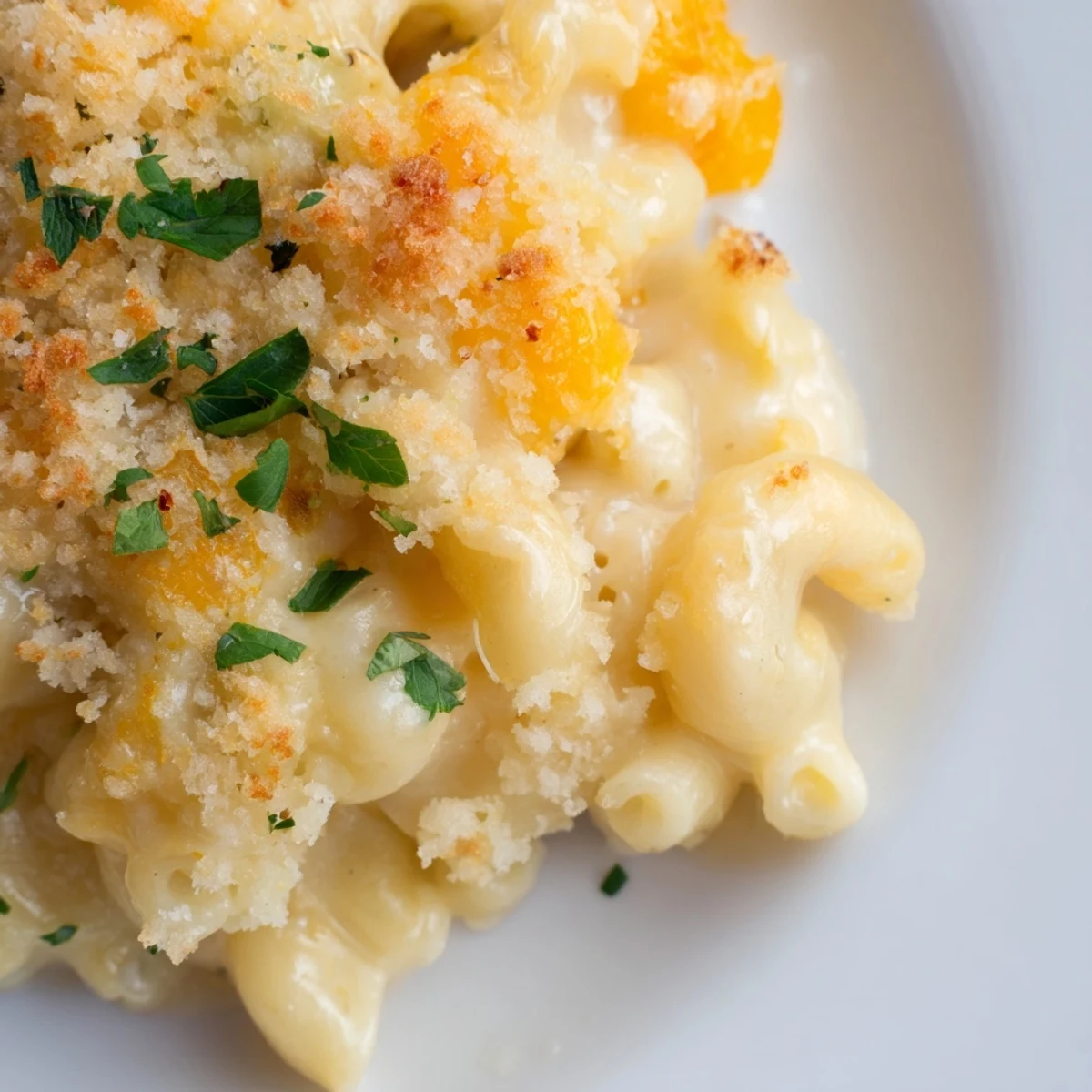 Golden three cheese baked macaroni with crispy panko topping served in white casserole dish