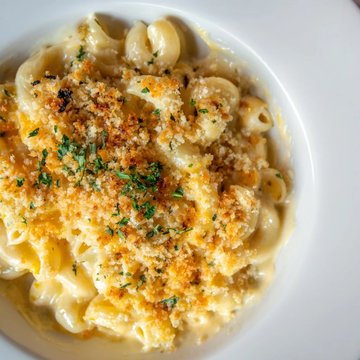 Creamy three cheese baked macaroni bubbling under buttery breadcrumb crust on wooden table