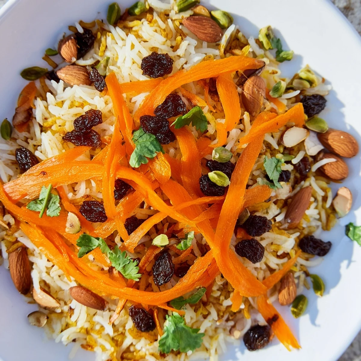 Golden Afghan rice topped with caramelized carrots, plump raisins, and fragrant warm spices