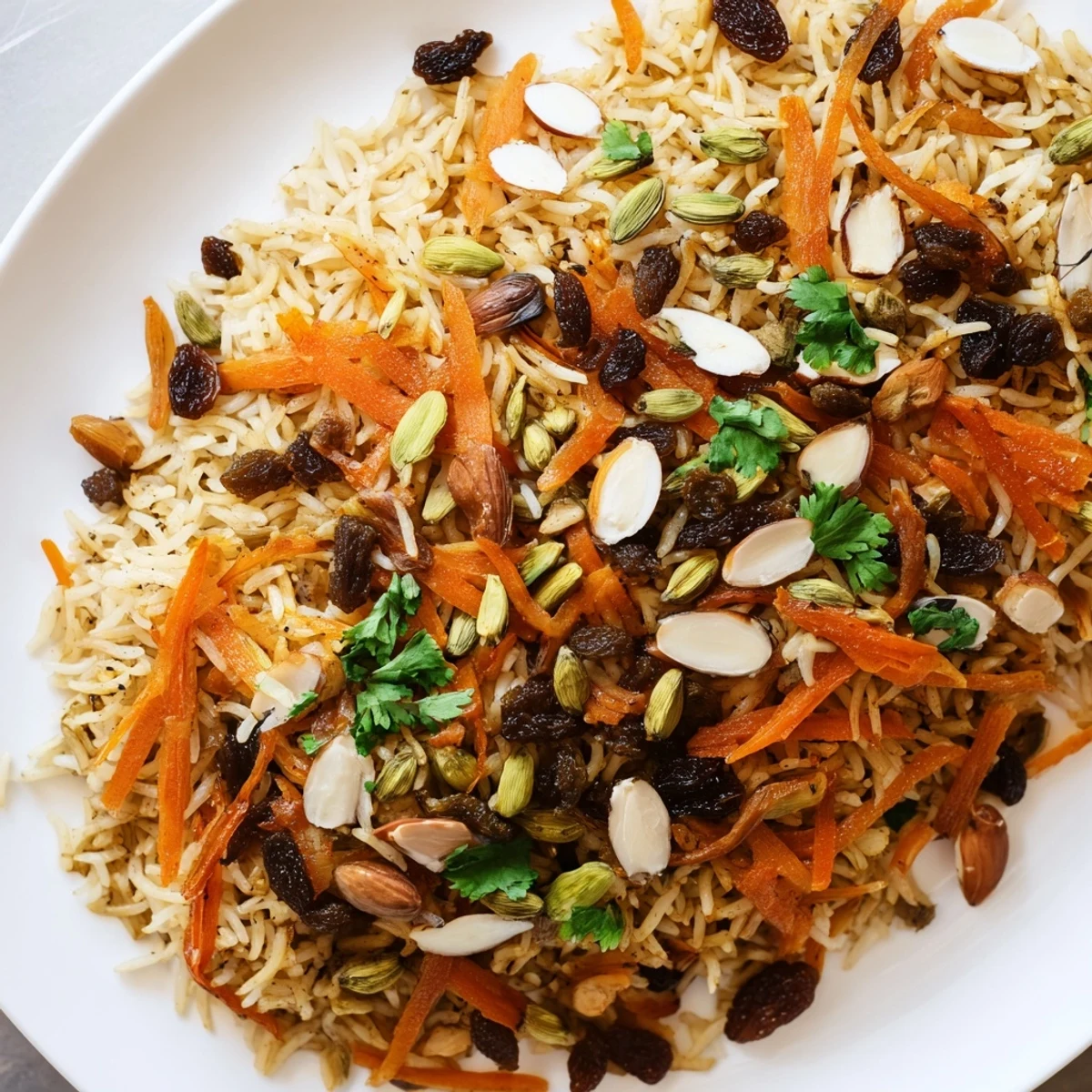 Fluffy Afghan rice pilaf studded with sweet raisins and topped with toasted almonds