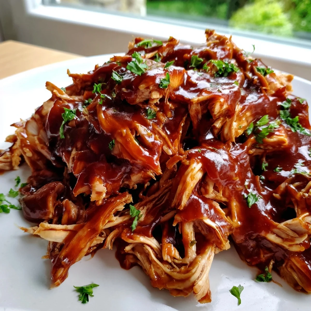 Tender Sweet Baby Ray's Crockpot Chicken glazed with rich barbecue sauce on a white plate