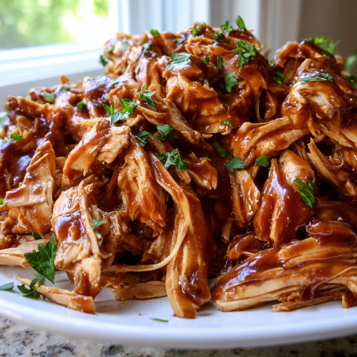 Savory Sweet Baby Ray's Crockpot Chicken shredded and coated in thick, glossy honey BBQ sauce