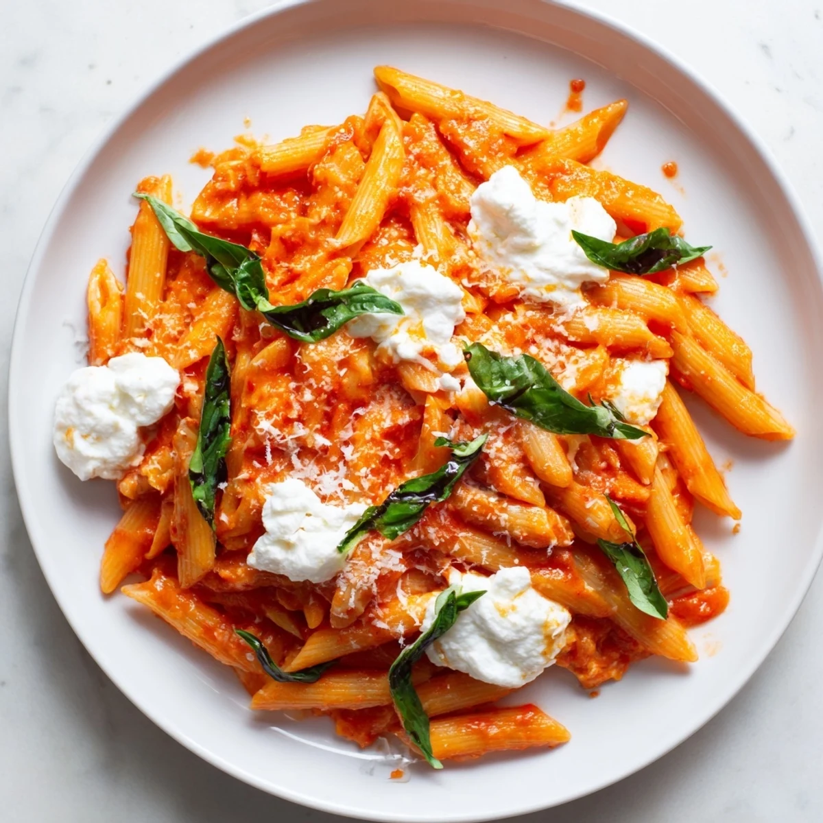 Creamy Tomato Garlic Ricotta Penne topped with fresh basil and Parmesan cheese