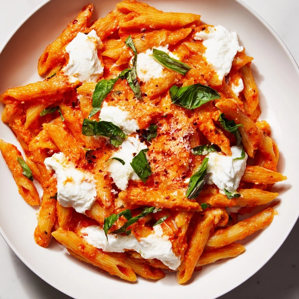 Tender penne pasta coated in rich tomato garlic sauce with creamy ricotta swirls