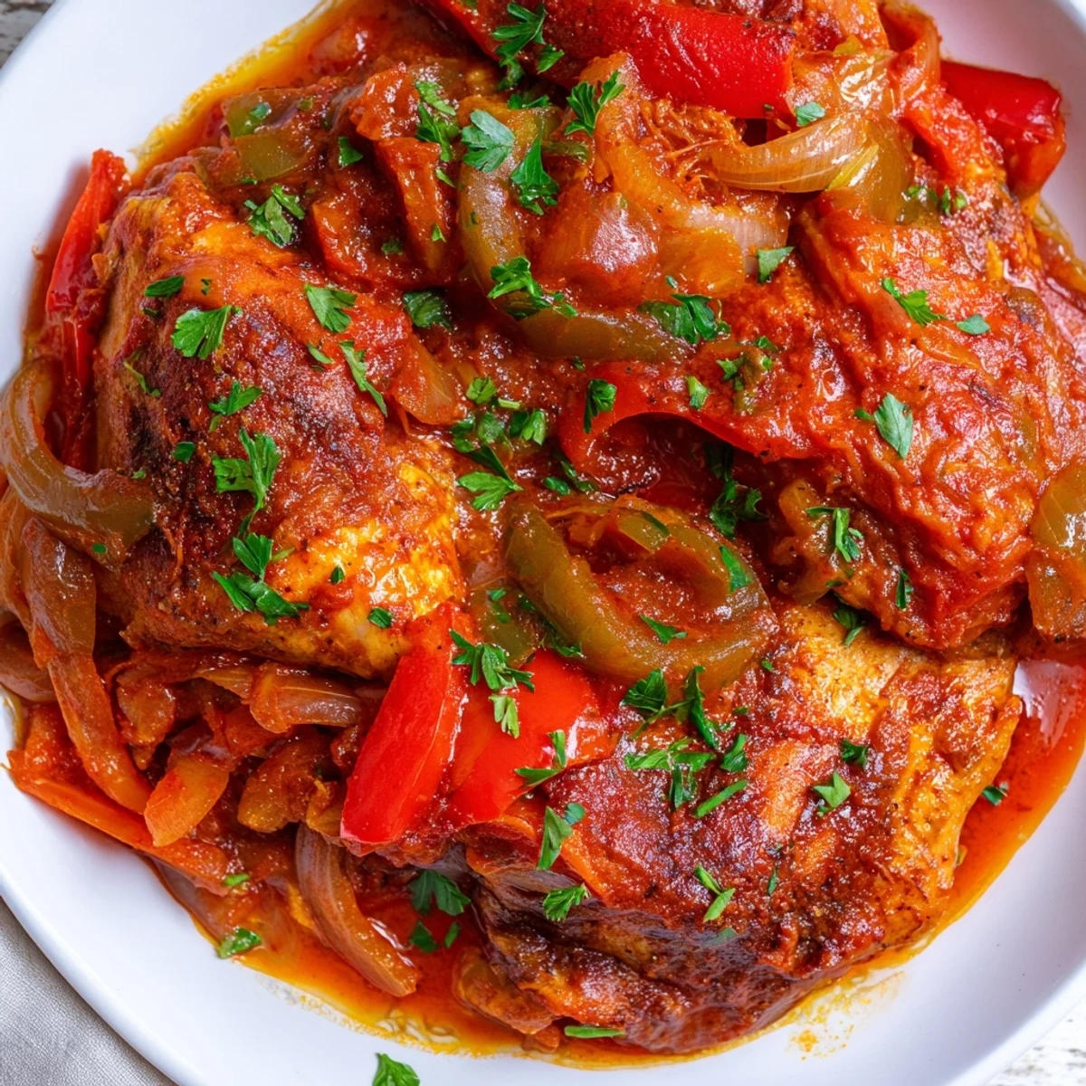 Golden Senegalese chicken simmered in rich tomato sauce with colorful bell peppers