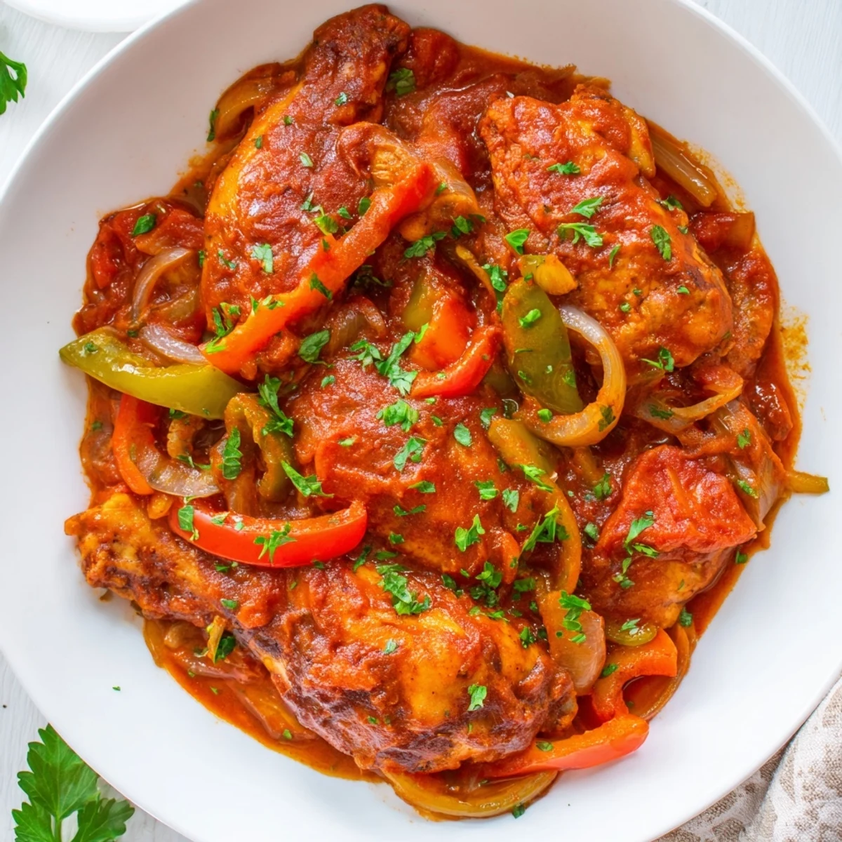 Tender Senegalese chicken thighs braised in aromatic spiced tomato onion gravy