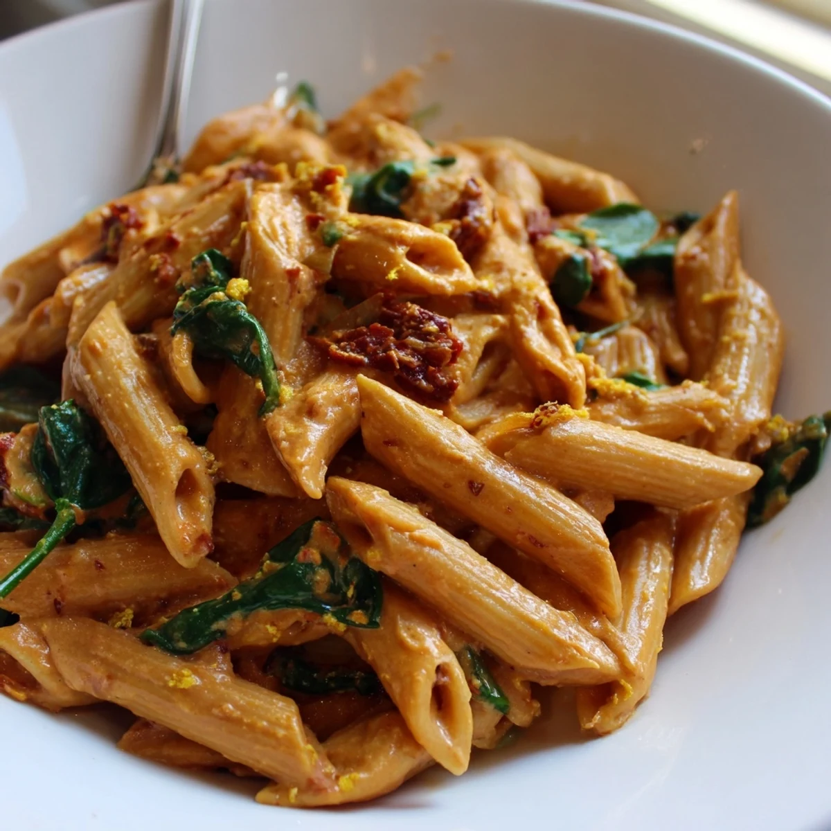 Creamy sun dried tomato vegan pasta twirled in a rich golden sauce with fresh basil leaves sprinkled on top