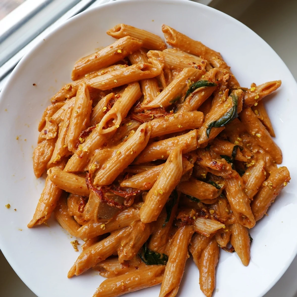 Velvety sun dried tomato vegan pasta served in a white bowl with wilted spinach and garnished with torn basil