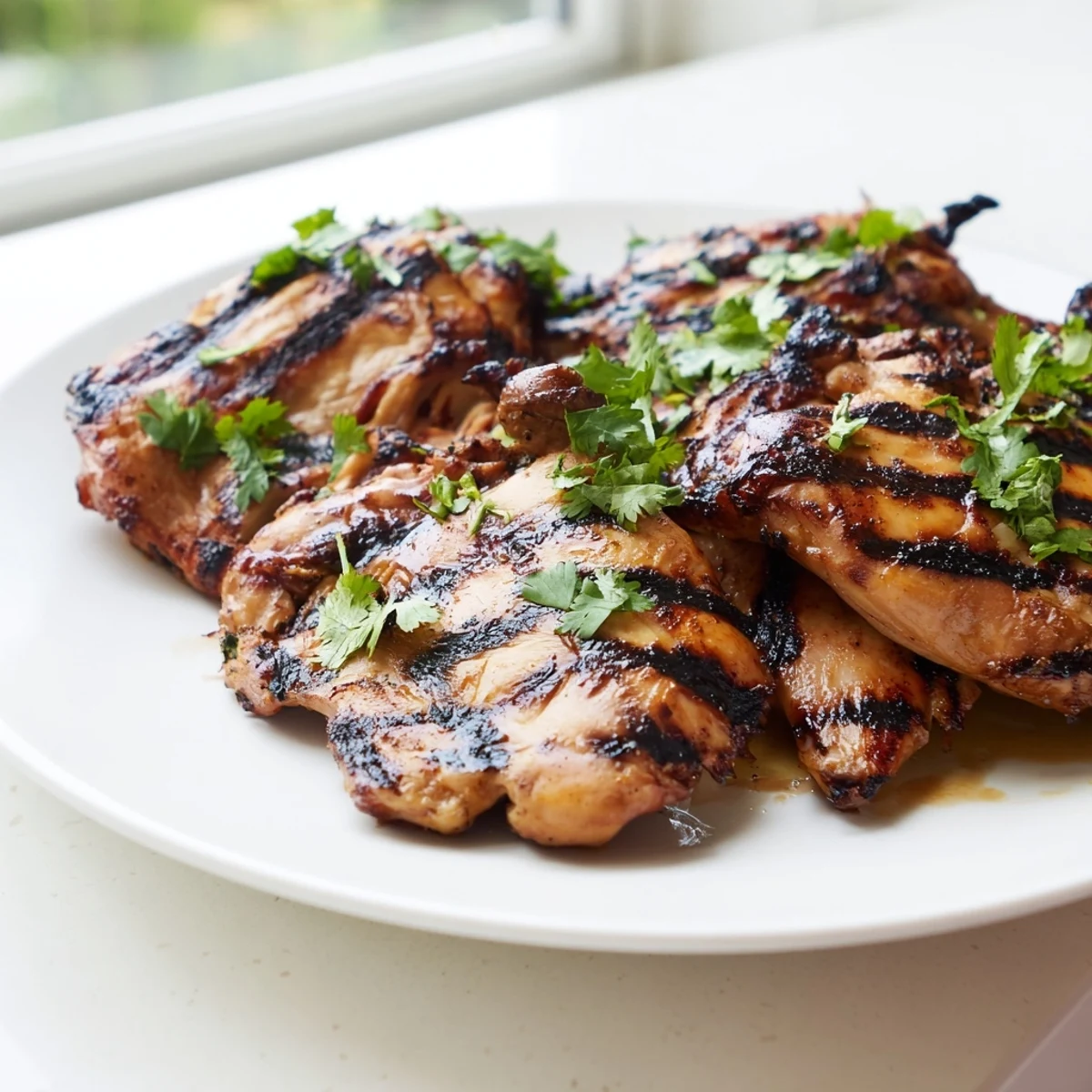 Charred grilled Vietnamese chicken with caramelized edges resting on a white plate
