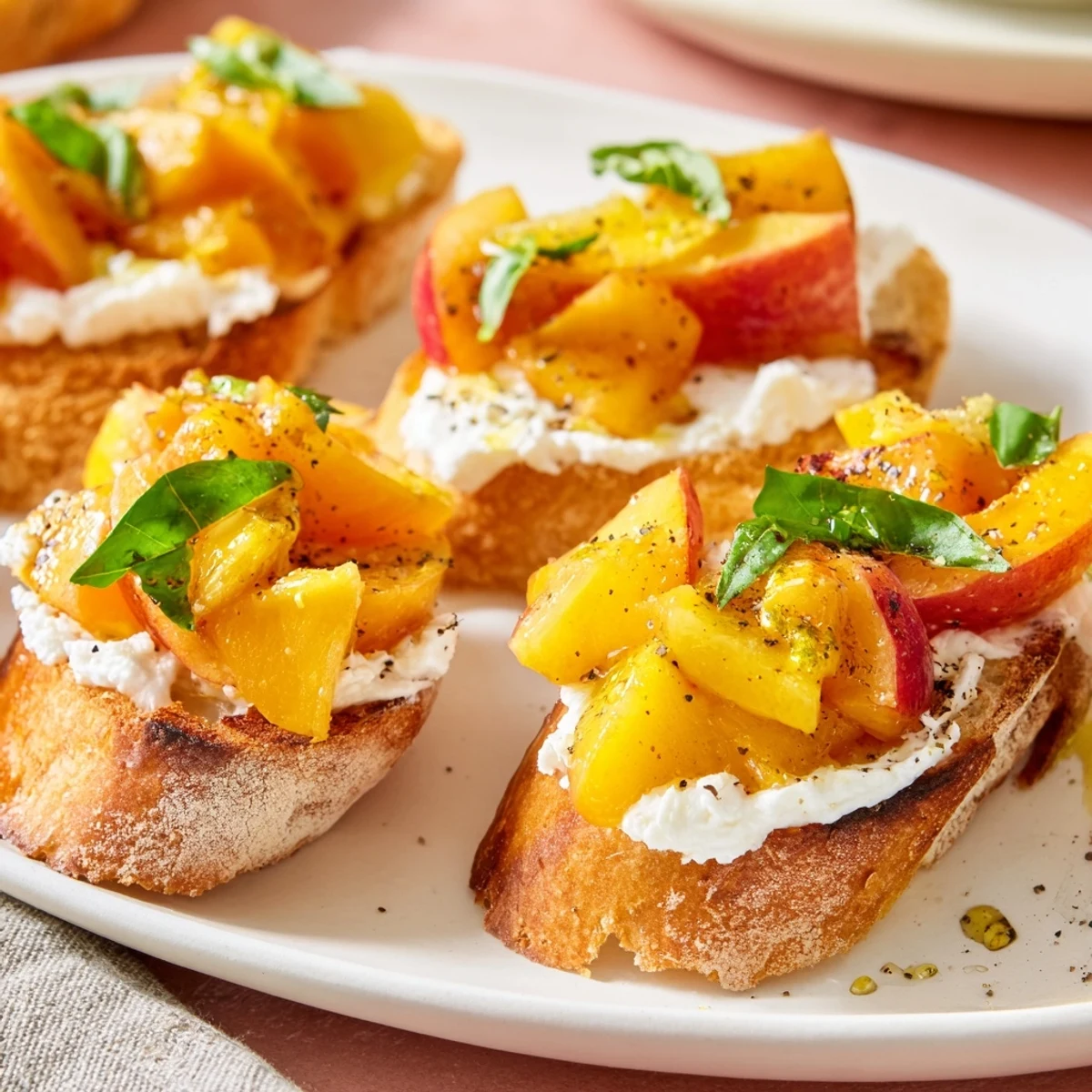 Sun Kissed Peach Bruschetta topped with fresh diced peaches and creamy ricotta on golden toasted baguette slices