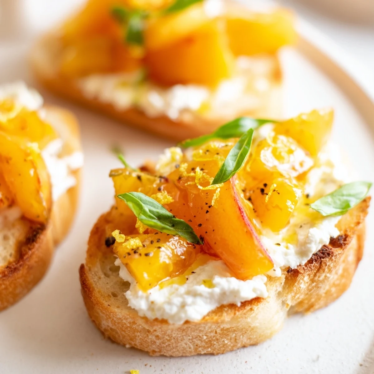 Crispy Sun Kissed Peach Bruschetta drizzled with sweet honey and garnished with fragrant basil leaves