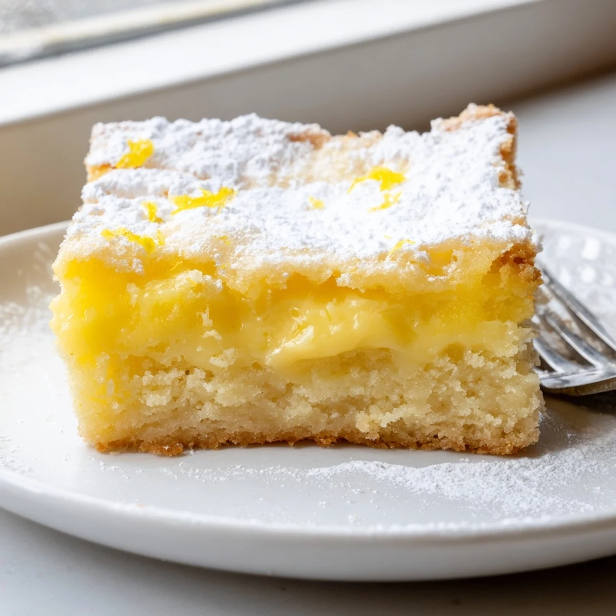 Golden lemon gooey butter cake squares dusted with powdered sugar on a white serving plate
