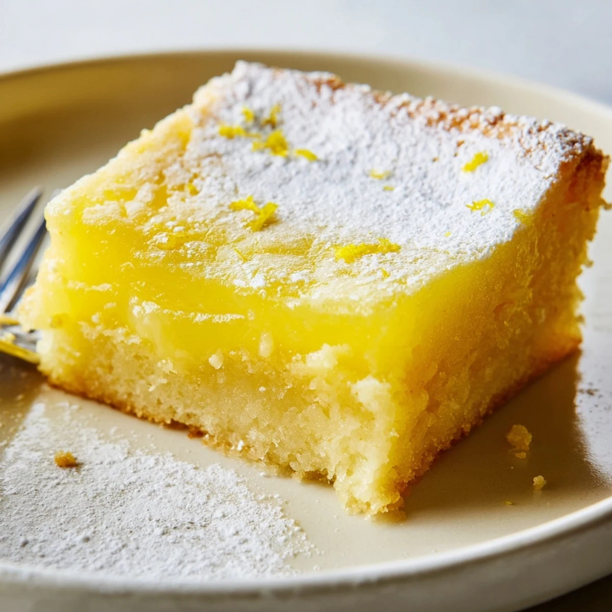 Creamy lemon gooey butter cake with golden crust cut into squares ready to serve