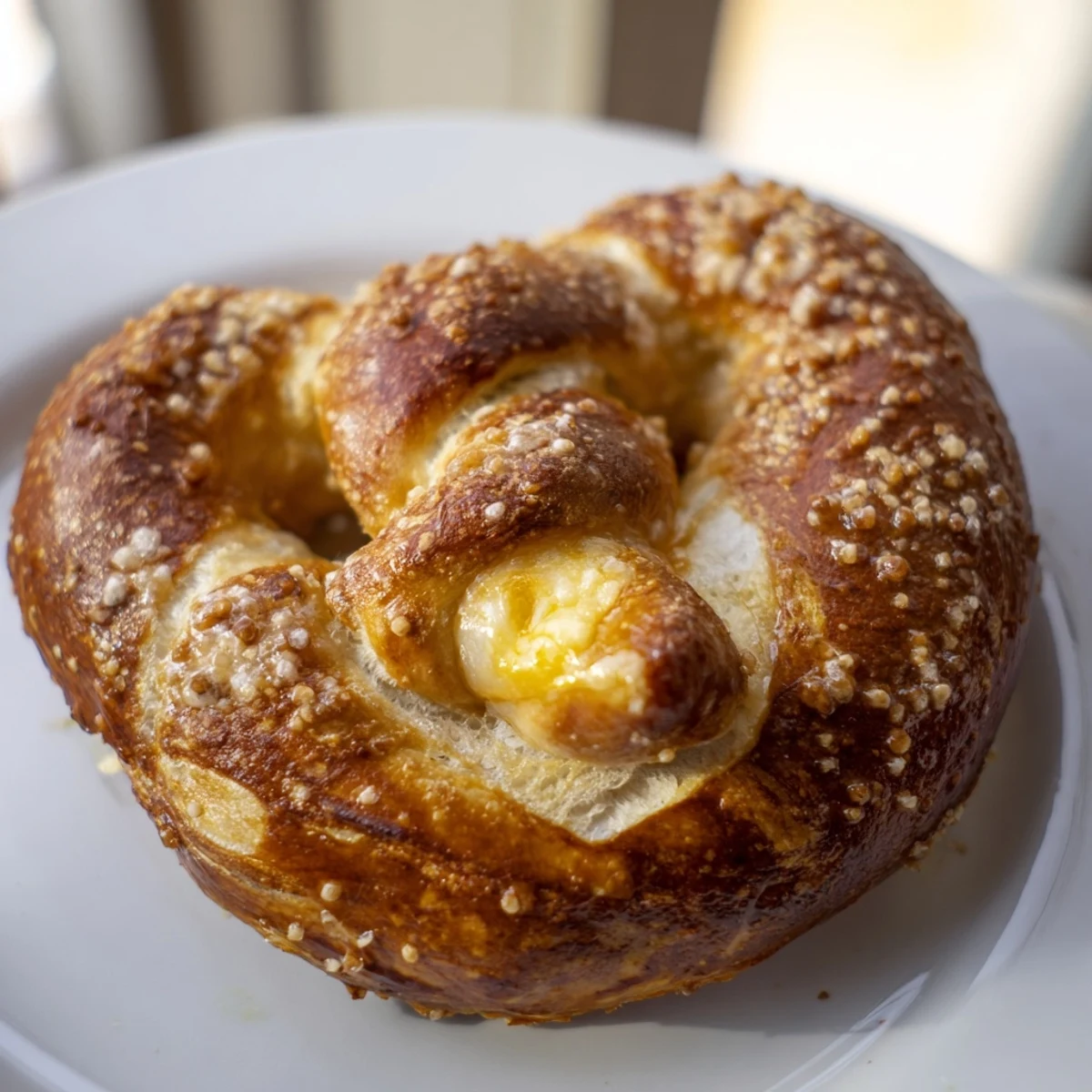 Warm mozzarella stuffed soft pretzels brushed with butter and sprinkled with coarse salt