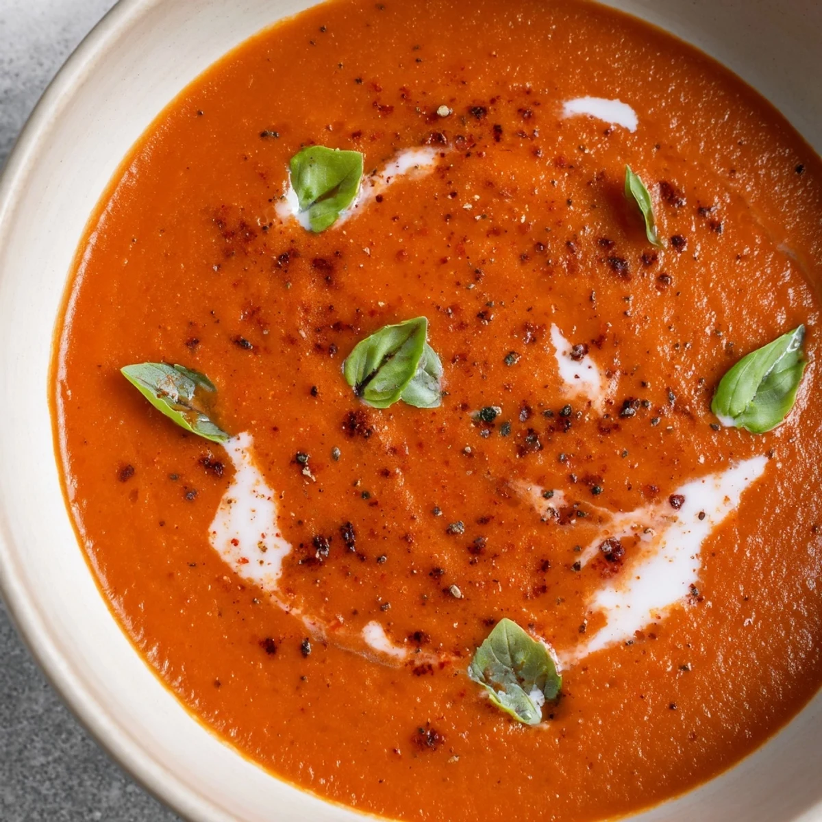 Smoky fire roasted tomato soup in a white bowl with fresh basil garnish
