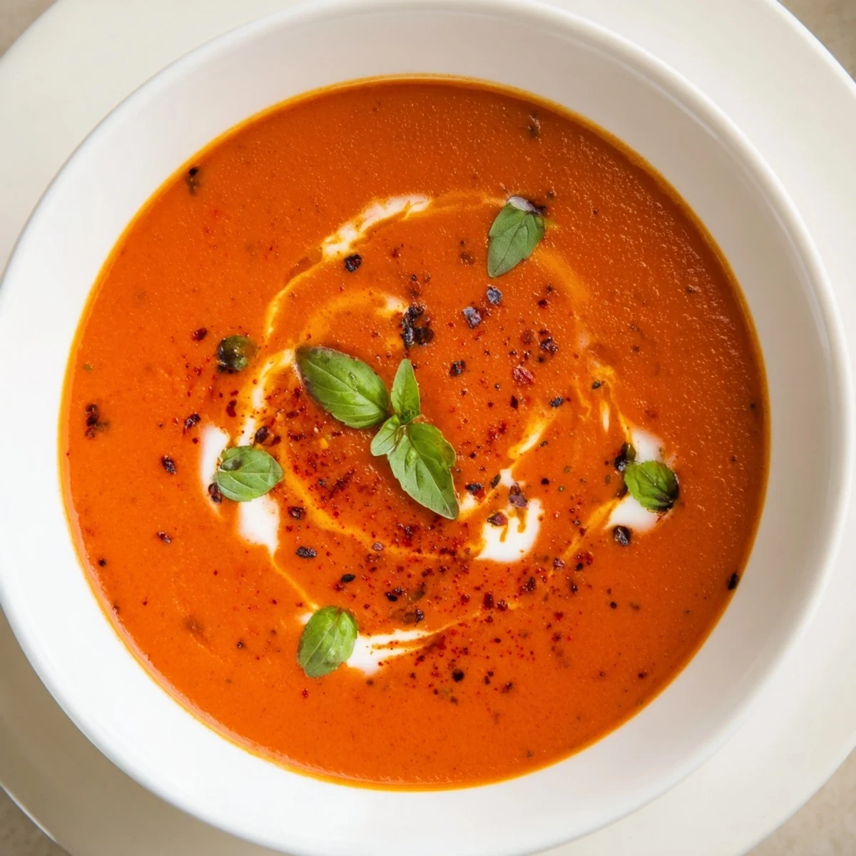 Creamy fire roasted tomato soup ladled into a rustic ceramic bowl