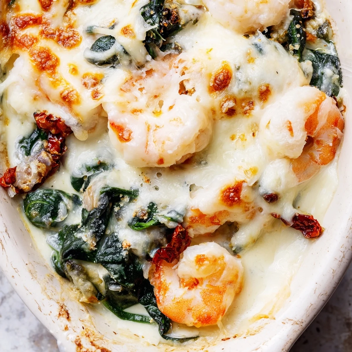 Creamy Low Carb Shrimp Tuscan Bake topped with golden melted mozzarella and fresh spinach