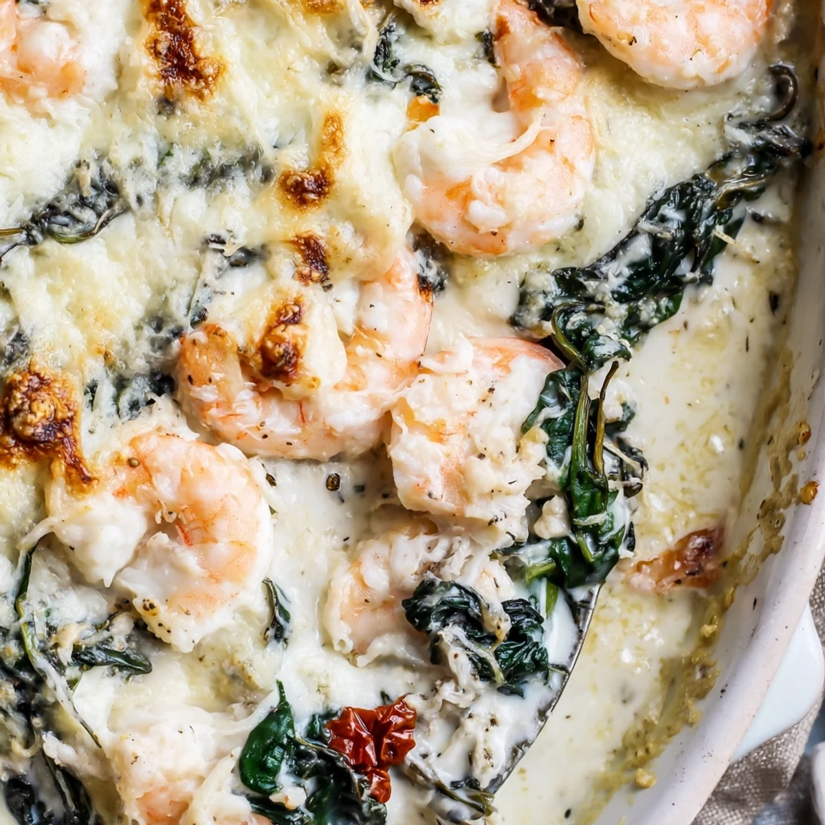 Bubbling Low Carb Shrimp Tuscan Bake with sun-dried tomatoes in a cast iron skillet