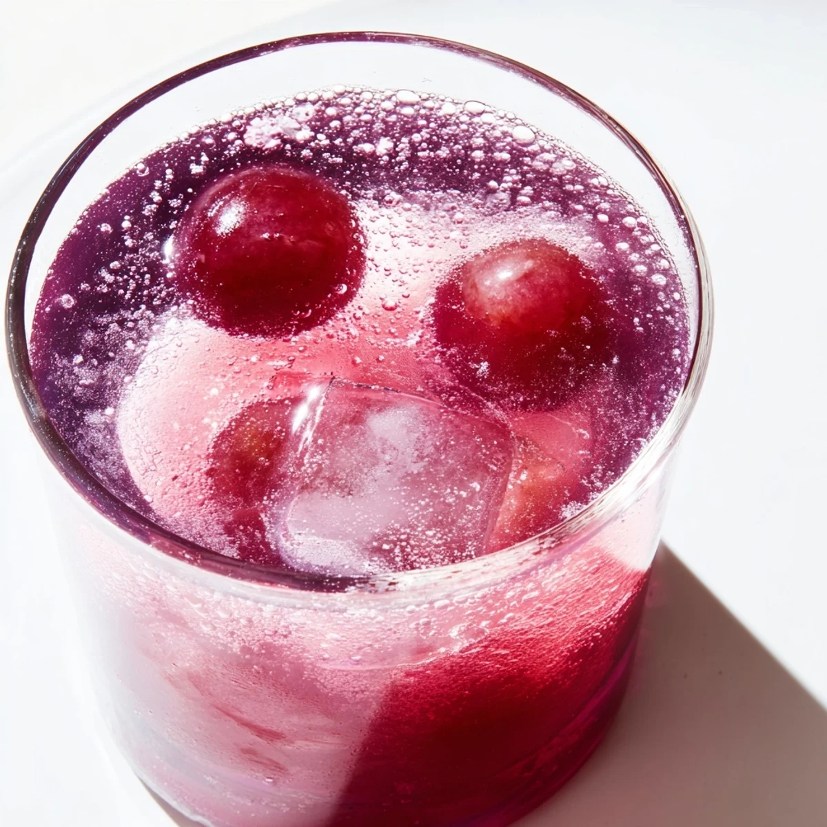Chilled grape agua fresca poured over ice in a glass pitcher with mint garnish