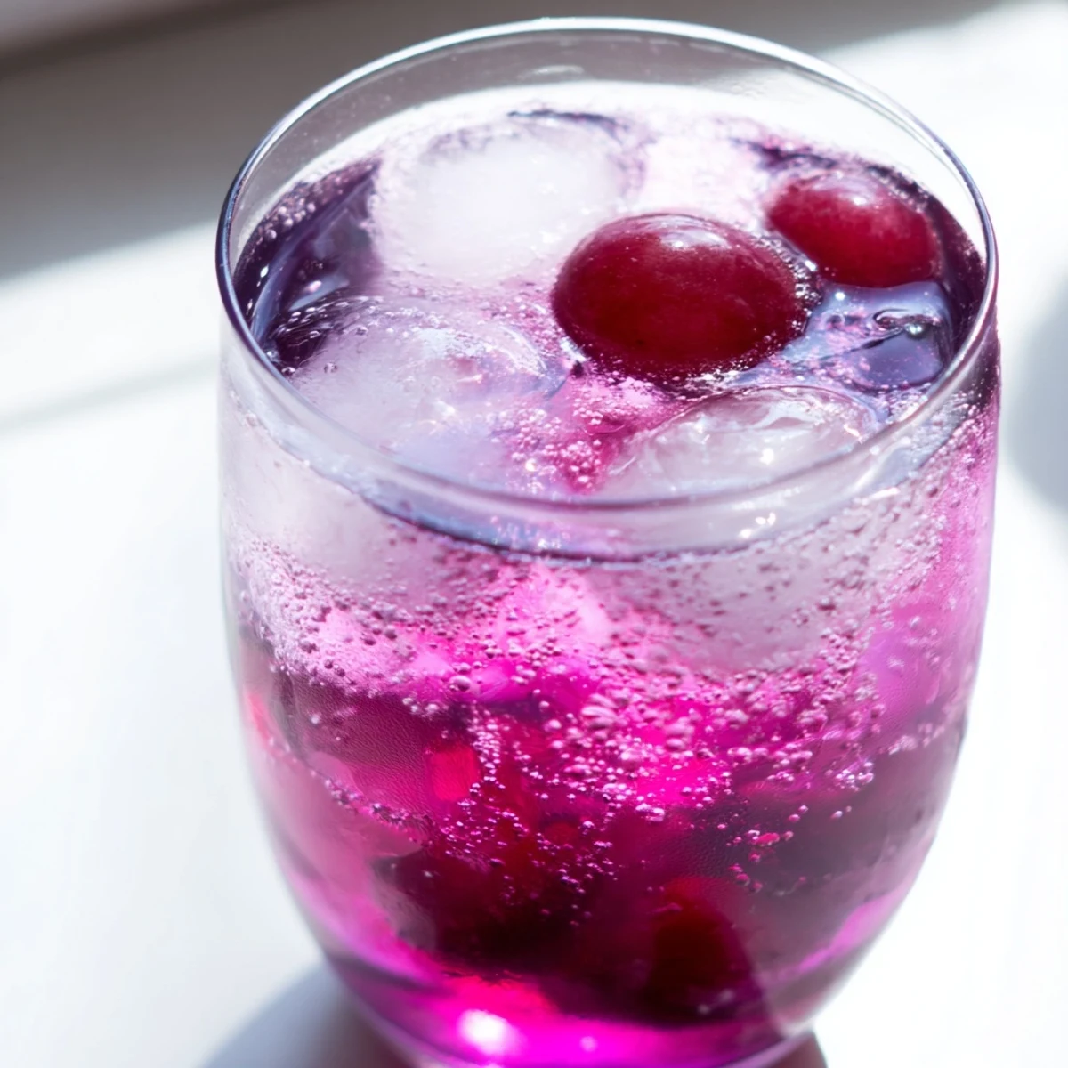 Vibrant purple grape agua fresca served in tall glasses on a sunny patio table