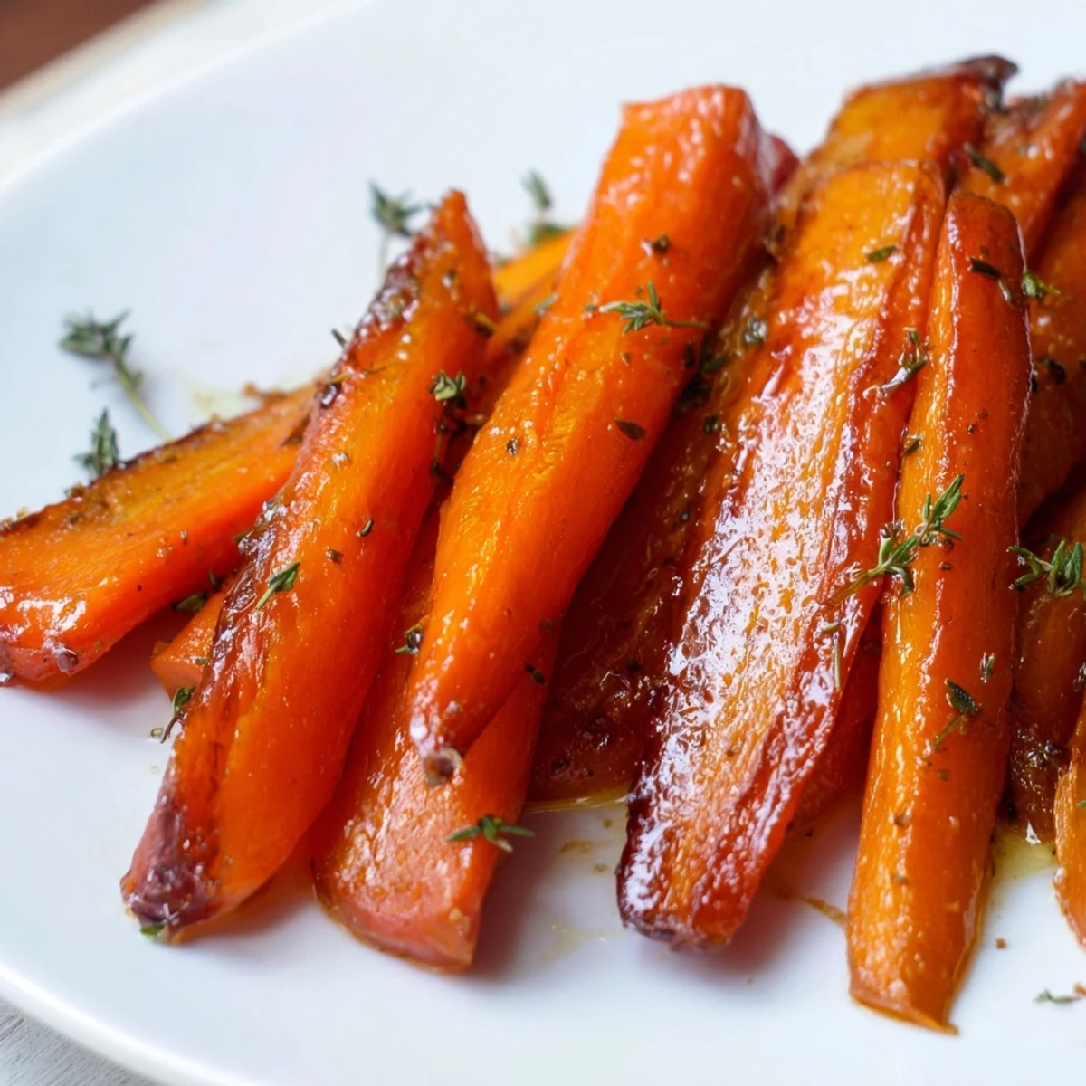 Glossy honey roasted carrots glistening with golden caramelization on a rustic white serving platter