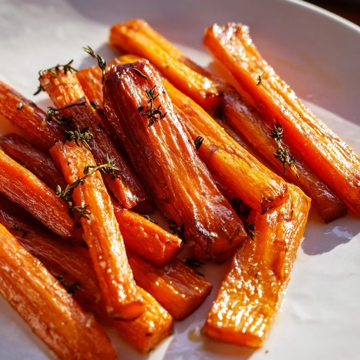 Tender honey roasted carrots arranged on parchment paper with fresh green thyme sprinkled throughout