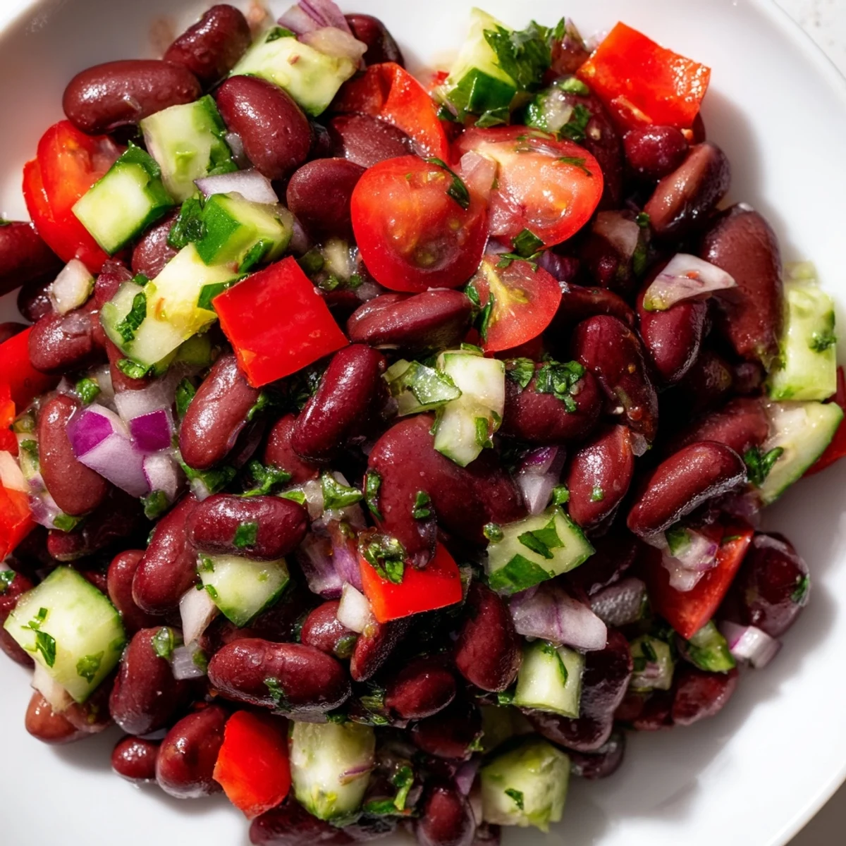 Colorful kidney bean salad in a white bowl with crisp vegetables and fresh herbs