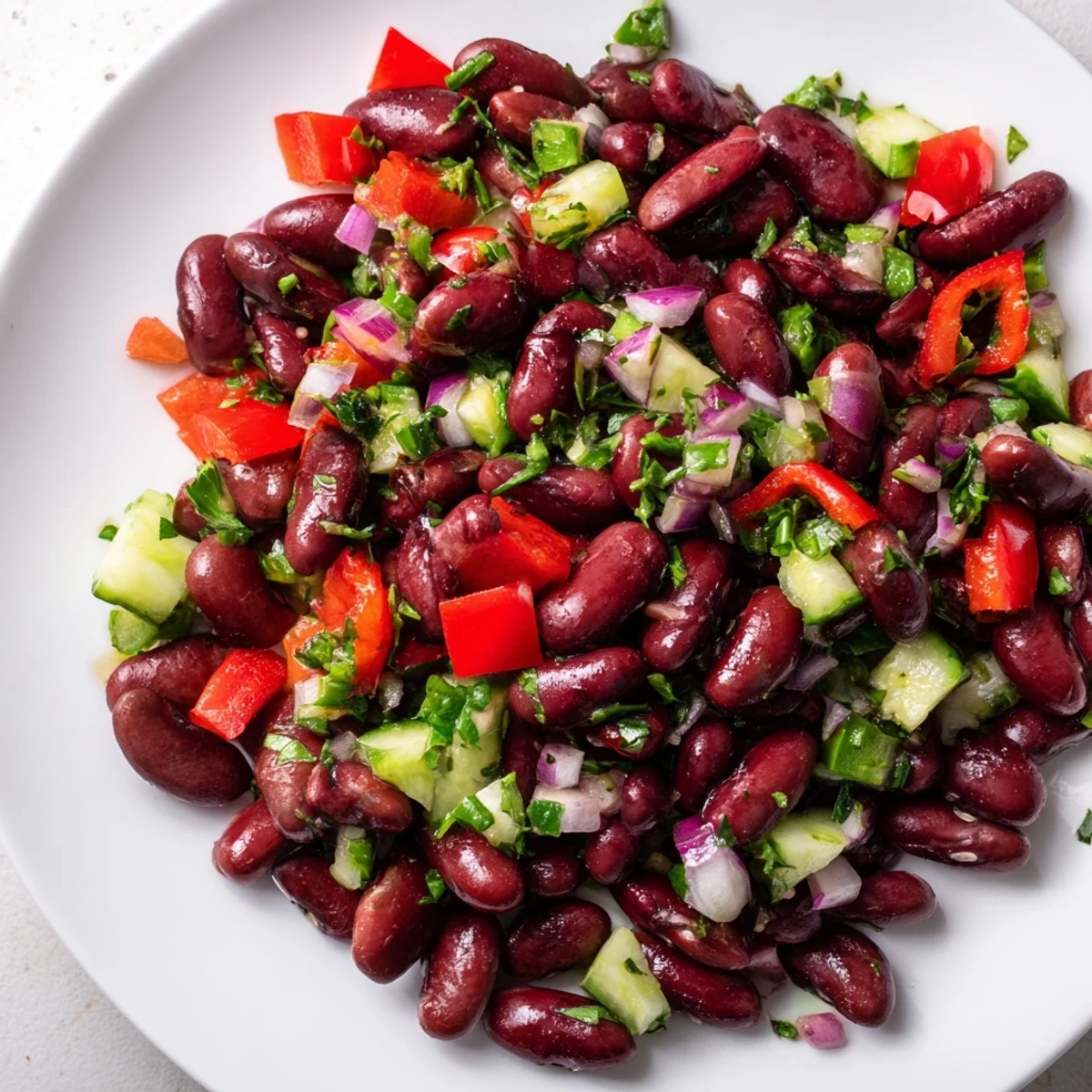 Kidney bean salad tossed with diced peppers cucumber and tangy vinaigrette dressing