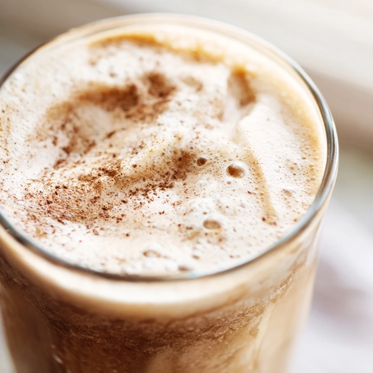 Creamy coffee smoothie topped with chocolate shavings in a clear glass