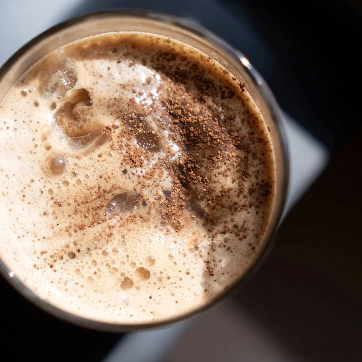 Frothy coffee smoothie blended with ripe banana and ice cubes