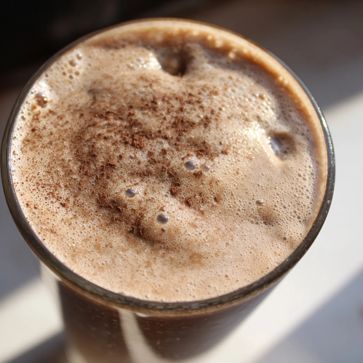 Chilled coffee smoothie served in mason jar with straw and cinnamon dust