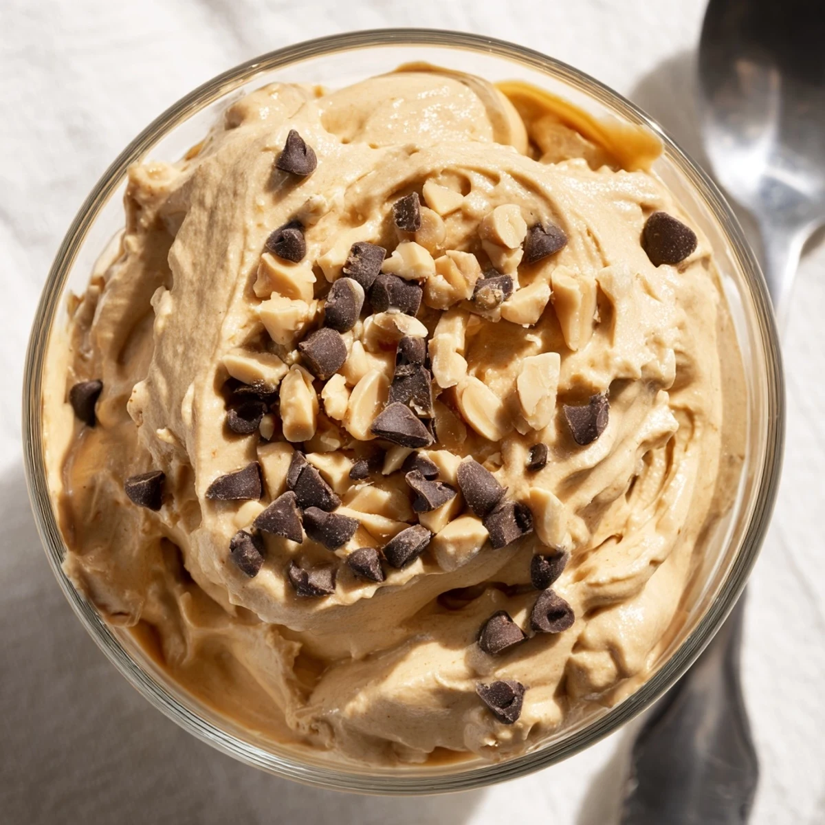 Creamy peanut butter and Cool Whip mousse served in glass cups with chocolate shavings on top