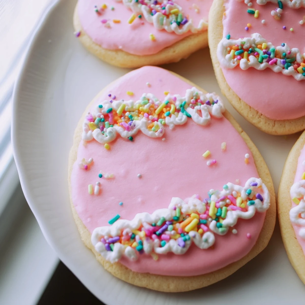 Chewy Spring Easter Cookies with smooth pastel icing arranged on a rustic white plate